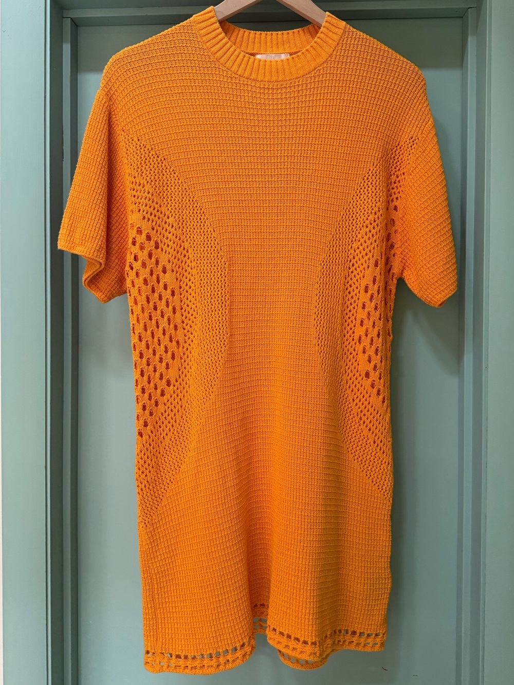 Medium Vibrant Orange Crochet Knit Mini Dress Cotton Mod Summer Beach Festival - Picture 2 of 16